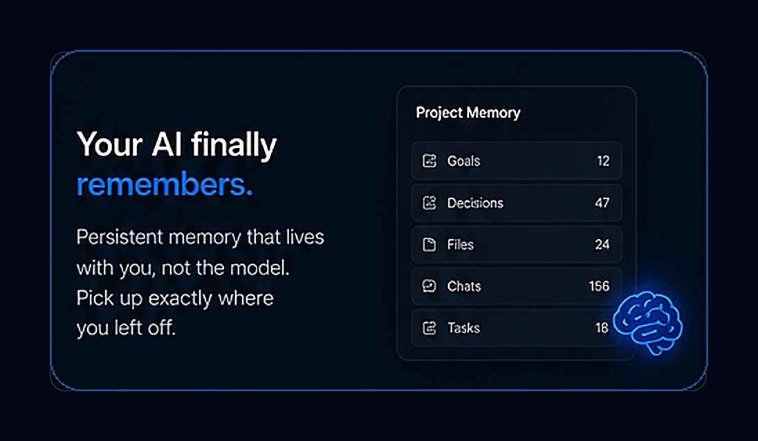 Project memory: goals, decisions, files, chats, and tasks tracked automatically