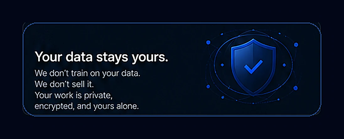 Your data stays yours: never trained on, never sold, private and encrypted